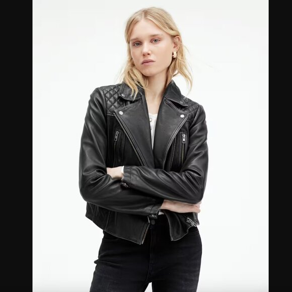 AllSaints Black Bleeker Leather Biker Jacket 8 - Picture 1 of 6
